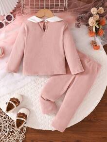 2pcs/Set Baby Girls Casual Solid Color Ribbed Heart Embroidery Peter Pan Collar Long Sleeve Top + Solid Color Ribbed Pants, Comfortable & Versatile Outdoor Outfit, Autumn/Winter - Pink - View 2