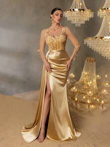 Faeriesty 花卉贴花荷叶边侧边鱼尾裙摆正式礼服，优雅长袖礼服，适合舞会、宴会、婚礼宾客、毕业典礼、晚宴及其他场合。 - 香檳色 - 查看 4