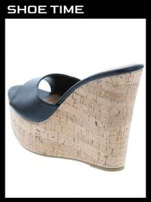 Sandalias de plataforma y cuña para mujer - Sandalias de tacón alto con diseño de corcho y punta abierta - Negro - Ver 3
