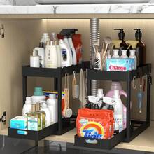 2 Tier Under Sink Storage Rack , Kitchen Cabinet Storage Rack, Double Sliding Cabinet Basket Storage Drawer, Multi-Functional Bathroom Collection Basket, Organizer, Shelf For Under Counter Kitchen Storage With 5 Hooks 2 Hanging Baskets Kitchen Decor Holiday Gift - màu đen - Xem 1