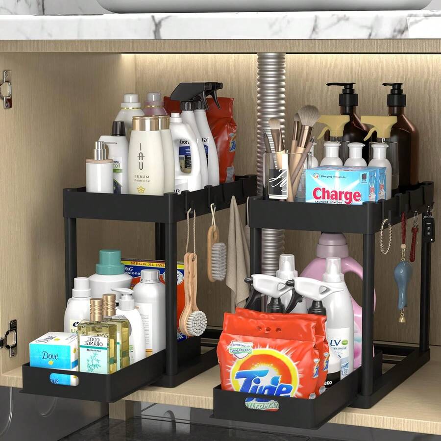 2 Tier Under Sink Storage Rack , Kitchen Cabinet Storage Rack, Double Sliding Cabinet Basket Storage Drawer, Multi-Functional Bathroom Collection Basket, Organizer, Shelf For Under Counter Kitchen Storage With 5 Hooks 2 Hanging Baskets Kitchen Decor Holiday Gift - màu đen - Xem 1