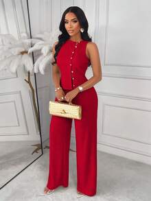 AIJ Amarilo Women 2-Piece Set: Sleeveless Top And Straight Leg Pants, Elegant Business Style, Latest Spring/Summer Women's Chic Outfit, Suitable For Valentine's Day, Parties - Red - View 3