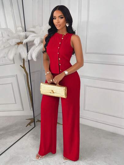 AIJ Conjunto de 2 piezas para mujer Amarilo: Top sin mangas y pantalones de pierna recta, estilo elegante de negocios, último conjunto de moda primavera/verano para mujer, adecuado para el Día de San Valentín, fiestas Rojo