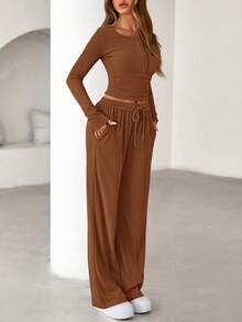 Women's Spring Fall 2 Piece Outfits Lounge Sets Long Sleeve Top Henley Shirts Wide Leg Pants Travel  Sweatsuit Set Women Clothes Home Clothes Going Out Outfits Sports Valentine Vacation Outfit For Women - 棕色 - 查看 5