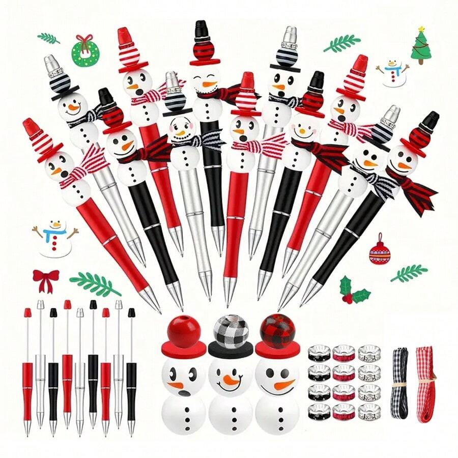 38pcs Christmas DIY Beaded Ballpoint Pens, Christmas DIY Ballpoint Pens With , Striped Wooden Beads, Scarf Cord, Spacer Beads, Christmas Party Gifts, Stationery, Office Supplies, Christmas Decorations, Suitable For Office Christmas Gifts - Multicolor - View 1