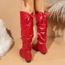 New Style High-Heeled Boots, Flat Thick Soles, Autumn And Winter Women's Boots, Daily Versatile, Comfortable, Wrinkled Plush Long Shoes - Red - View 1