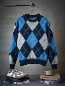 LOOKUN 新款秋冬男士休闲宽松简约菱形图案百搭圆领套头针织衫 - 藍色 - 查看 2