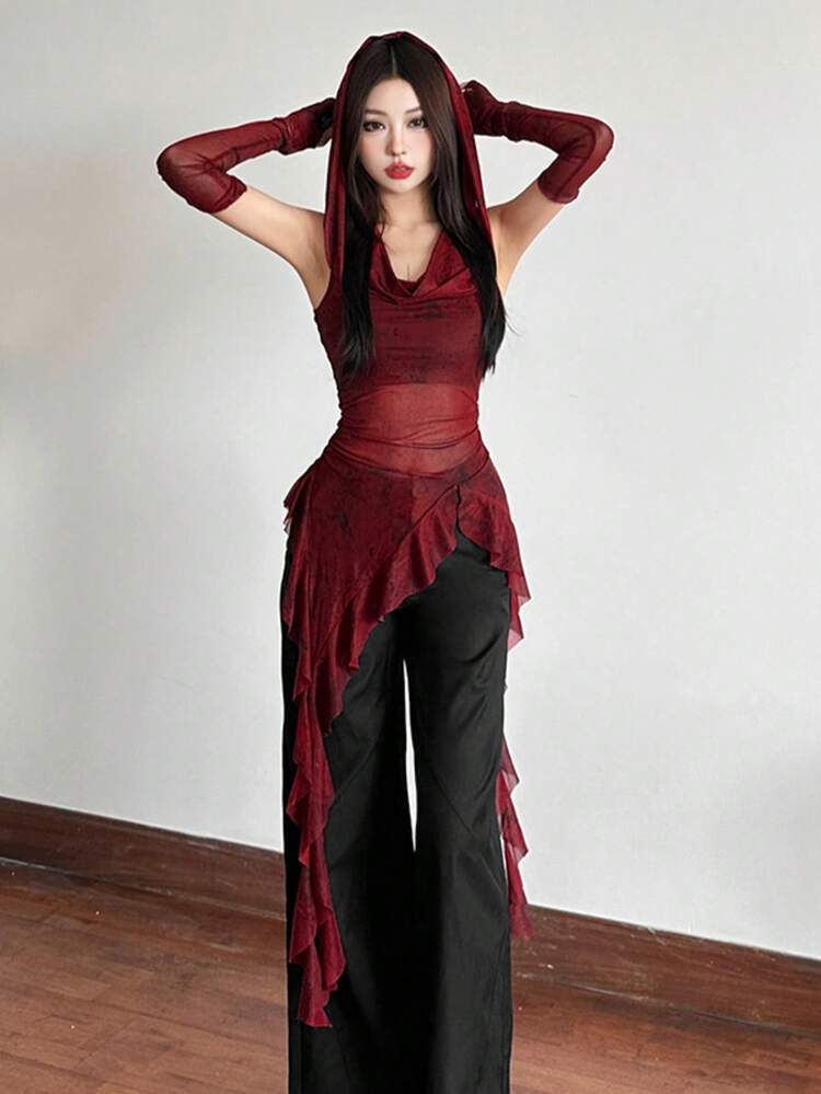 トップ ダズル ソリッドカラー フィッテッド ストリートウェア フーデッド ノースリーブ メッシュトップ - レッド - 見る 6