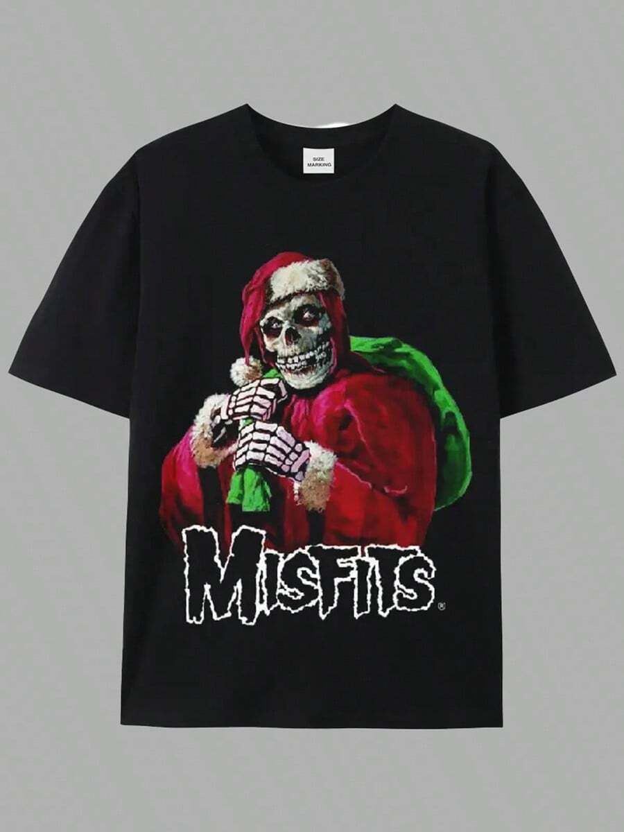 MMP Printed & Shipped In USA |Skeleton Santa Misfits......Men's Premium Cotton T-Shirts: Embrace The Elegance Of Digital Print Art On Soft Cotton, Offering A Comfortable And  Option For The Modern Wardrobe Graphic Tees Men Halloween Clothes Romwe Fall T Shirts,Y2k,Funny Christmas&Halloween Graphic Tee,Suitable For Festivals, Parties, Home Wear, Daily Commuting, Back-To-School, And Concert Outfits. - màu đen - Xem 1