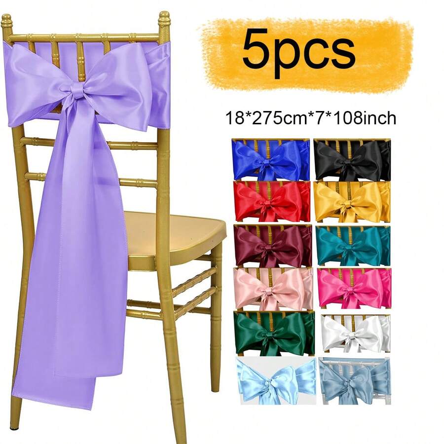 5 件缎面椅子饰带 7x108 英寸适用于婚礼派对宴会仪式餐厅活动派对婚礼装饰缎面椅子蝴蝶结、圣诞节装饰万圣节装饰（多种颜色可选）