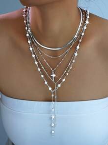 5 件简约十字架吊坠仿珍珠 Y 型项链套装，银色，女士多层项链，适合度假、约会、派对、生日、圣诞节、日常佩戴 - 銀色 - 查看 6