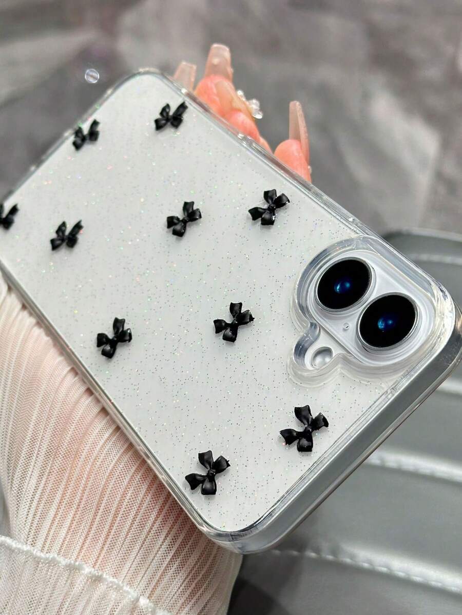 Funda de teléfono suave y transparente con lazo negro de TPU, lentejuelas y fondo de resina epoxi, compatible con iPhone 17/17Air/17Pro/17ProMax/16/15/14/13/12/11/X/XS/XR/Mini/Pro Max/Pro/Plus, regalo de primavera para cumpleaños o aniversario