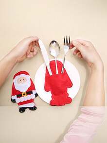 Set de 3 cuțite și furculițe de Crăciun, geantă pentru cuțite și furculițe de Crăciun, set de tacâmuri Moș Crăciun, accesorii pentru decorarea mesei de Crăciun, geantă de depozitare pentru cuțite și furculițe din fetru, desene animate pentru decorațiuni de Crăciun, ideal pentru decorațiuni de Crăciun, decor de cameră de iarnă