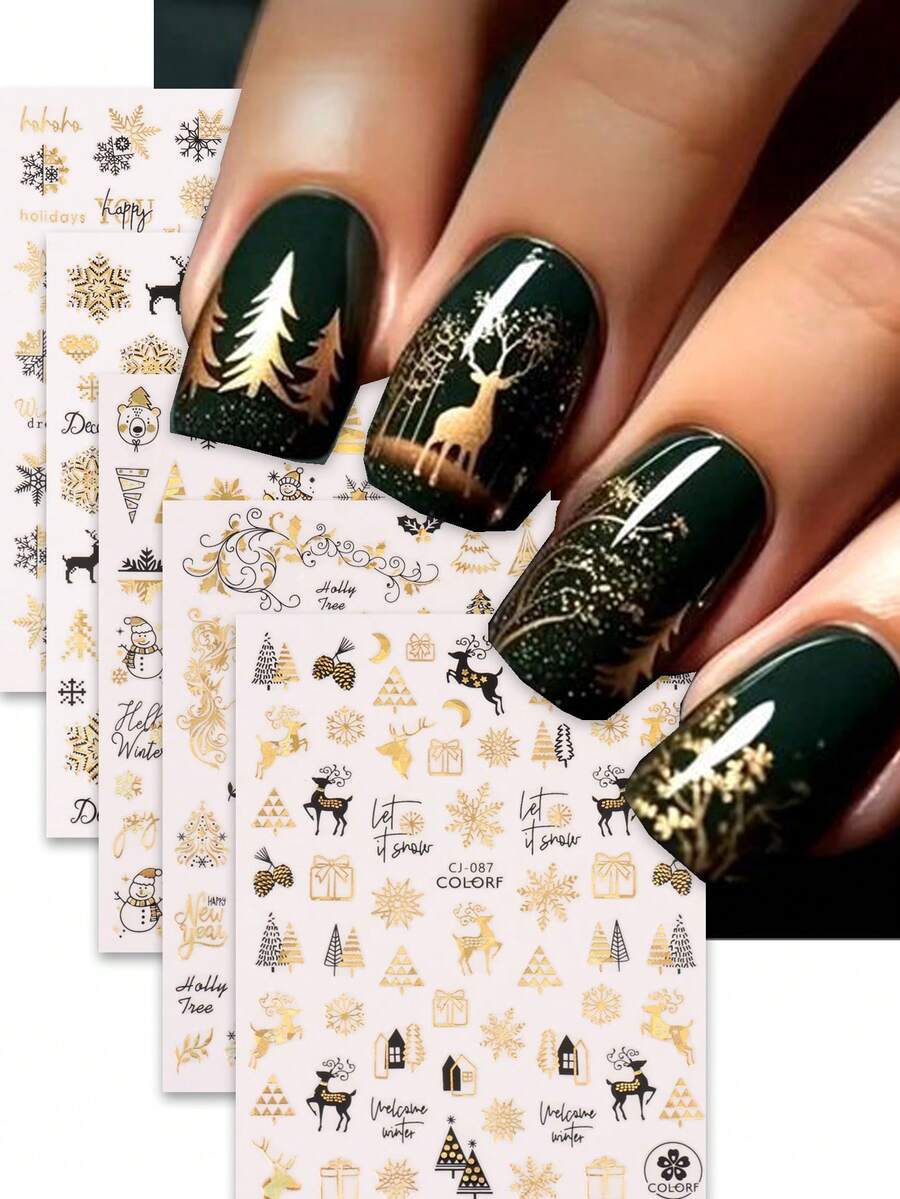 5Pcs Christmas Gold Nail Stickers, Self-Adhesive Metallic Nail Art Decals With Snowflake, Xmas Tree, Reindeer, Snowman & Winter Letter Pattern, Holiday DIY Manicure Decorations Supplies - Multicolor - View 1