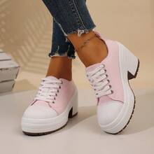 女士休闲运动时尚户外高跟系带撞色学院风运动鞋，适合户外、居家、度假、大学、节日、海滩、所有季节 - 粉色 - 查看 6