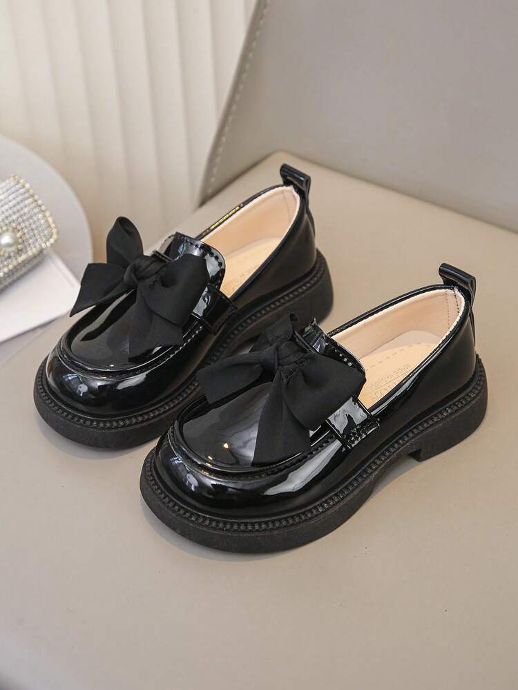 女童时尚漆皮纯黑色蝴蝶结设计户外平底鞋、乐福鞋、玛丽珍鞋，柔软舒适 - 黑色 - 查看 3