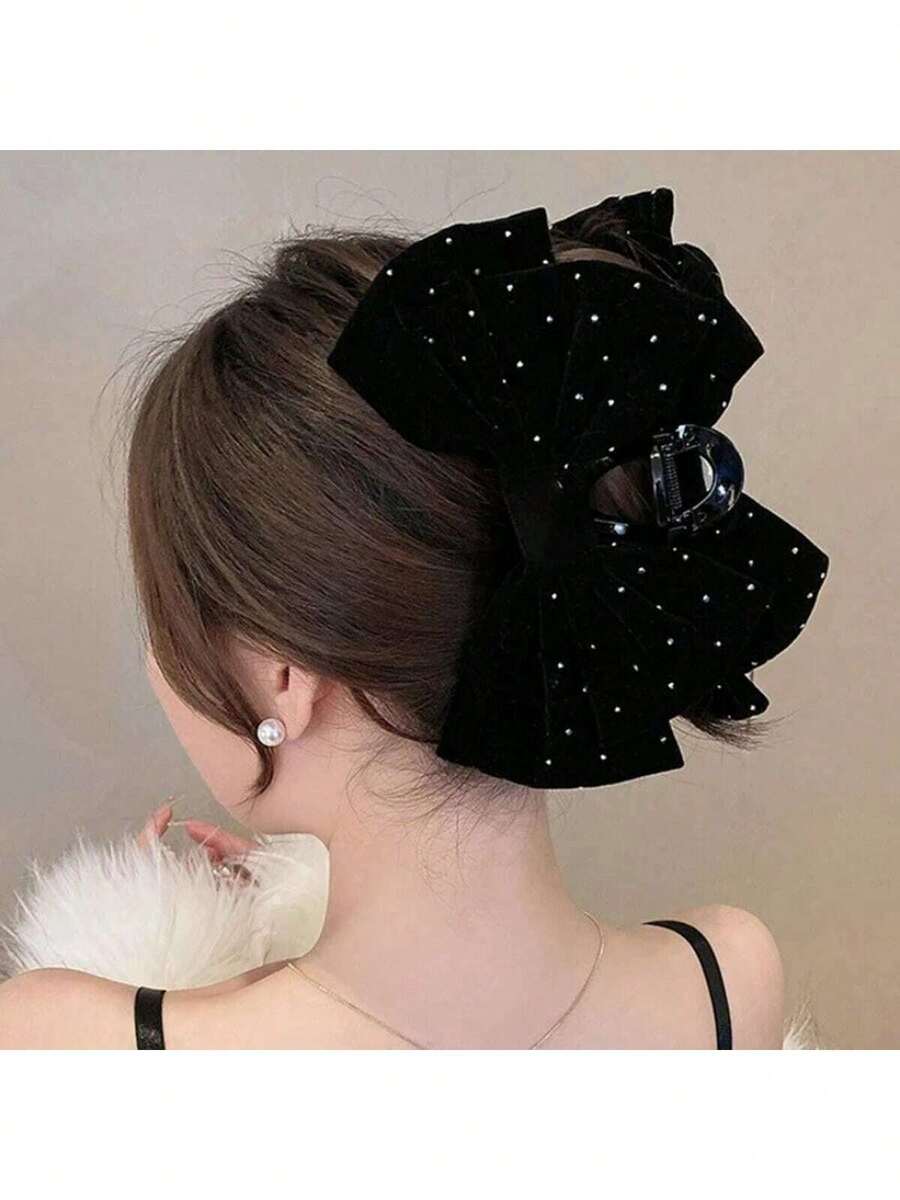 1 Kẹp tóc lớn bằng vải lưới đính đá màu trơn cho nữ, Kẹp tóc lớn bằng lưới hai lớp, Thích hợp cho trang phục hàng ngày, dạ hội, tiệc tùng, kỳ nghỉ, mọi mùa Phụ kiện tóc mùa thu Kẹp tóc thời trang mùa thu Kẹp tóc thanh lịch cho tóc mùa đông - màu đen - Xem 1
