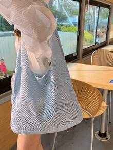 Leisure Large Capacity Woven Bag Hollow Design Knitted Shoulder Bag Holiday Beach Shopper Tote For Women Travel Women Crochet Tote Bag Hollow Beach Bag Large Capacity Fashion Knitted Bag Solid Color Simple Shopping Bag For Travel Vacation