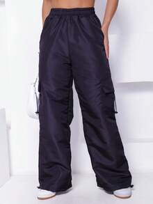 Parachute Tactel Cargo Pants With Adjustable Drawstring Pockets And Wide Leg Cargo Pants - Black - View 6