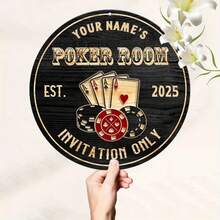 [2D Flat] Personalized Retro "POKER ROOM" Aluminum Sign - Customizable Circular Wall Art, Rustic Vintage Decor - 彩色 - 查看 7