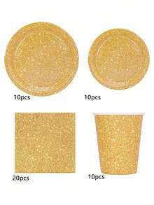 10 piezas, 20 piezas/50 piezas/80 piezas Suministros de fiesta con purpurina dorada, platos, vasos, servilletas de papel dorados, decoraciones de fiesta, juego de vajilla para fiestas con temática dorada, suministros para cumpleaños felices, hombres, mujeres, aniversario, compromiso, boda, favores de fiesta, Navidad, Año Nuevo, decoración de jubilación - Multicolor - Ver 15