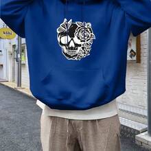 Oversized Men's Gothic Skull Rose Print Hoodie - Heavy 100% Casual Pullover, Loose Street Style With White Gothic Design, Machine Washable Four Seasons Fashion (Black And White Contrast) - Suitable For Concerts And Daily Wear - Black - View 3