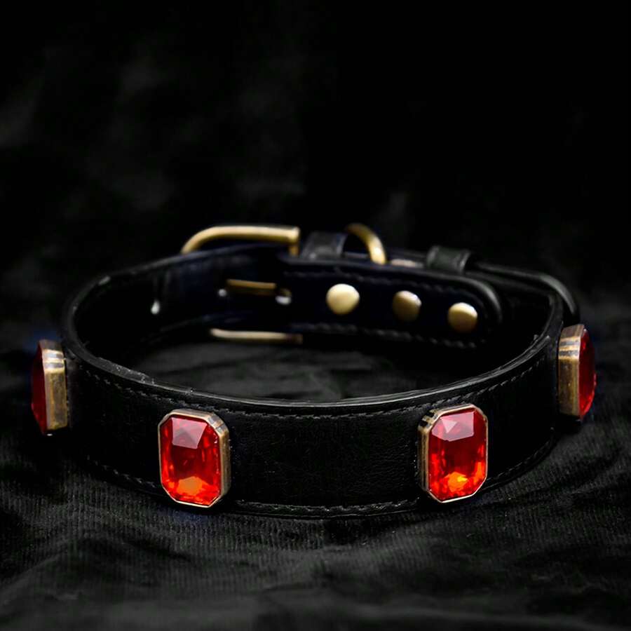 宠物狗项圈、猫项圈、带宝石的黑色 PU 皮革项圈、合金锌针钩、5 孔可调节、黑色狗项圈。 - 棕色 - 查看 1