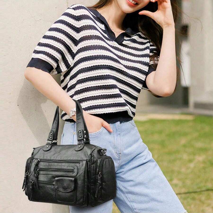 Women's Retro Style Large Capacity Shoulder Tote Bag With Multiple Pockets - Bronze - View 1