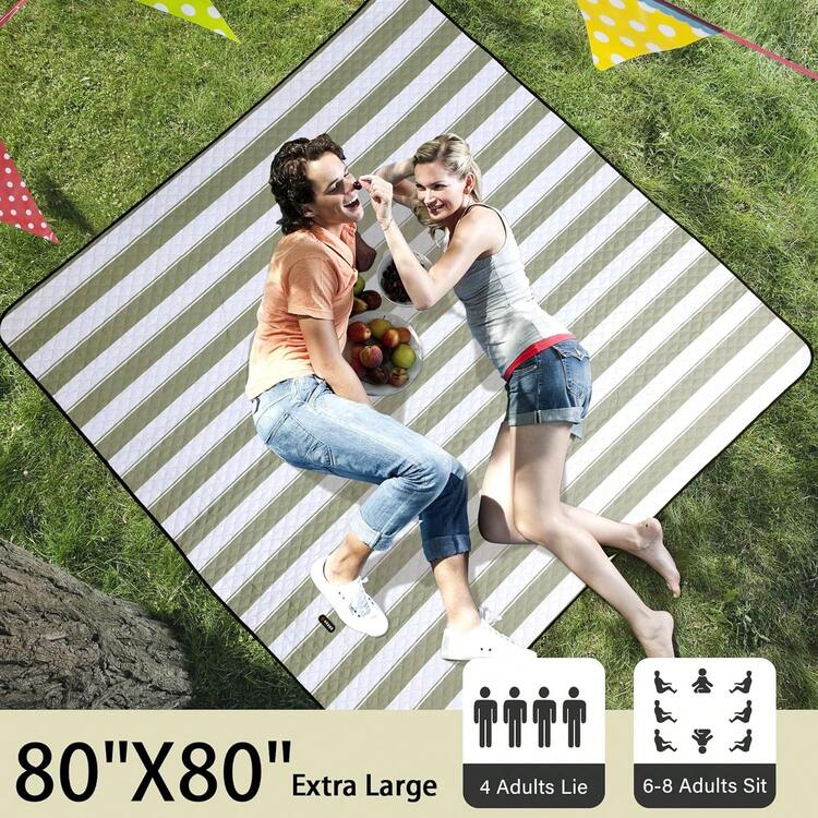 Manta de picnic para exteriores, extragrande, 80 x 80 pulgadas, impermeable, plegable, portátil, con correa de transporte, para tapete de playa - Verde y blanco (Green&white) - Añade 10