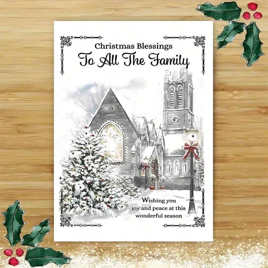 1pc Festive Christmas Greeting Card For All Family Members - Paper Card With Envelope, Religious Church Scene, Seasonal Wishes, Joy And Peace, Holiday Greetings, Suitable For Anyone,