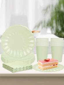 10 pièces Fournitures de fête vert clair à bord festonné. Assiettes en papier vert sauge, serviettes de cocktail, tasses, ensemble de vaisselle. paquets de fête pour mariage, baby shower, pique-nique, anniversaire, décorations