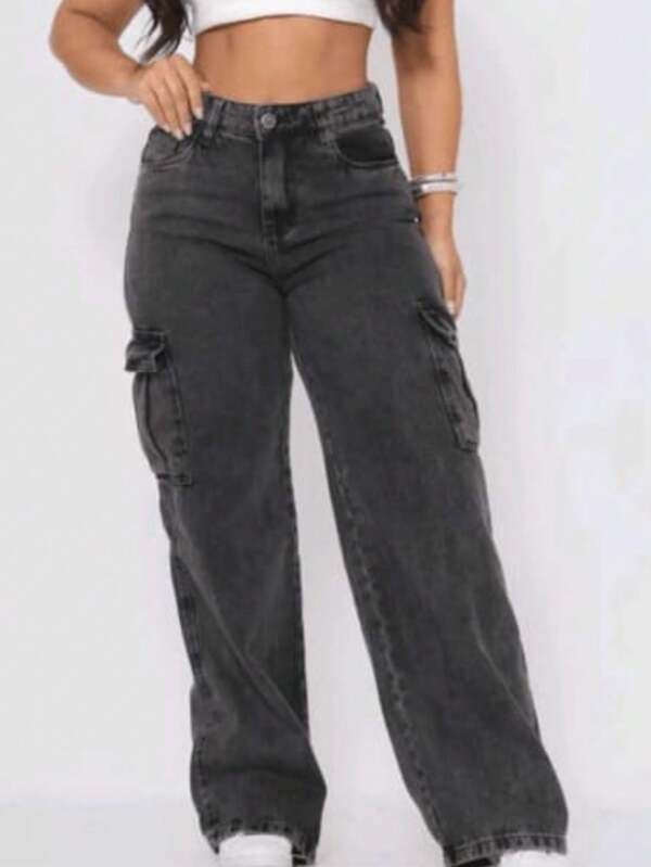 Calça Jeans Wideleg Feminina Cargo Grafite Bolso Lateral
