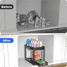 2 Tier Under Sink Storage Rack , Kitchen Cabinet Storage Rack, Double Sliding Cabinet Basket Storage Drawer, Multi-Functional Bathroom Collection Basket, Organizer, Shelf For Under Counter Kitchen Storage With 5 Hooks 2 Hanging Baskets Kitchen Decor Holiday Gift - màu đen - Xem 2