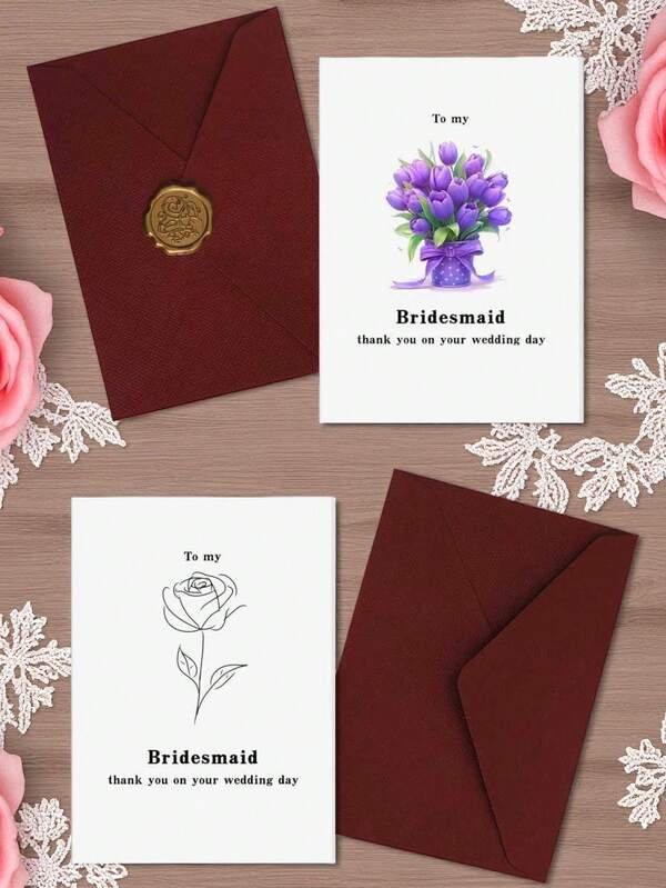 Elegante Blumen Brautjungfernkarte: Lila Tulpe oder Linienkunst Rose - "An meine Brautjungfer, Danke" Notiz - Premium -Umschlag mit Siegellack-Option