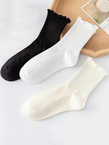 1 Pair/3 Pairs/6 Pairs Japanese Style Ruffle Socks, Cute Women Socks, Fresh Lace Trim Socks, Ruffle Decor Short Socks, White Ruffle Trim Casual Mid-Calf Socks - Multicolor - View 8