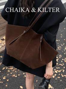 2 piezas Bolso de hombro de tela de ante de unicolor CHAIKA y KILTER, bolso de gran capacidad casual retro para mujeres, diseño de doble asa y cierre a presión, adecuado para viajes, compras, citas, regalo para mujeres, adecuado para adolescentes, estudiantes universitarios, principiantes y oficinistas, muy adecuado para oficina, academia, trabajo, negocios, viajes, salidas - Café - Ver 5