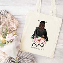 Personalized Graduation Canvas Tote Bag, Customizable Name And Details, Large Capacity, Durable, Simple Style, With Floral Design, Graduate - 1PC - View 1