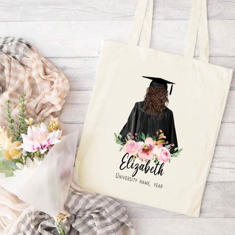 Personalized Graduation Canvas Tote Bag, Customizable Name And Details, Large Capacity, Durable, Simple Style, With Floral Design, Graduate - 1PC - View 1
