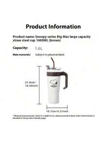 Miniso 系列 1600ml/54.11oz 超大吸管不锈钢杯，动漫卡通便携大容量水瓶，保温杯，咖啡杯 - 褐色 - 查看 9