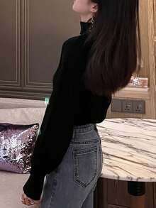 新款韩版不对称斜领灯笼袖宽松短款针织毛衣 - 黑色 - 查看 4