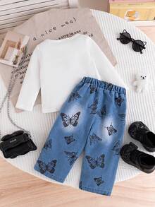2pcs Infant Girl Casual Fashion Heart & Letter Print White Long Sleeve T-Shirt And Butterfly Print Denim Straight Pants Set, Suitable For Spring/Autumn, Daily, Outdoor, Commute, School, Sports
