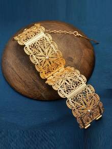 1 件复古阿拉伯风格 18K 金镀锌合金手链，十二月生日石，合成石，镂空雕刻设计，可调节腕口，适合女性，非常适合婚礼和礼物，适合所有季节佩戴 - 金色 - 查看 9