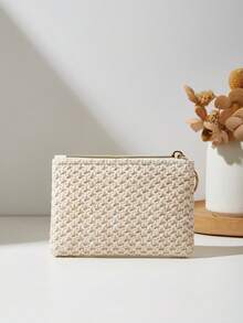 时尚新款草编包蝴蝶结口红包零钱包女士钱包迷你钱包秋季零钱包钱夹 - 米色 - 查看 5