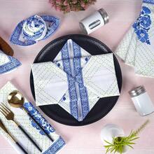 FINGERCRAFT Cloth Napkins, Set Of 12 Cotton Linen Blend Printed Dinner Napkins Cloth Mitered Corner Perfect For Parties Dinners Weddings Cocktail Christmas Easter 20x20 Blue Floral - 彩色 - 查看 4