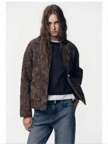 Abrigo casual acolchado de cuello redondo con ajuste holgado, con bordado floral vintage, versátil y de moda, para otoño/invierno