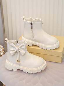 Girls' Solid Color Bow Pearl Design Outdoor Boots, Soft And Comfortable - Beige - View 5