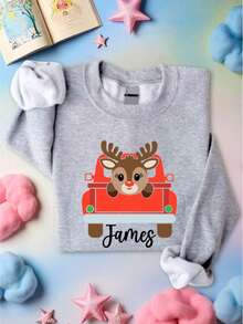 Reindeer In Christmas Truck Shirt, Personalized Name Boys Christmas T-Shirt, Custom Name Retro X-Mas Car Tee, Cousins Christmas Matching Group Toddler Tee, Winter Holiday Youth Sweatshirt. CU-155 - 灰色 - 查看 1