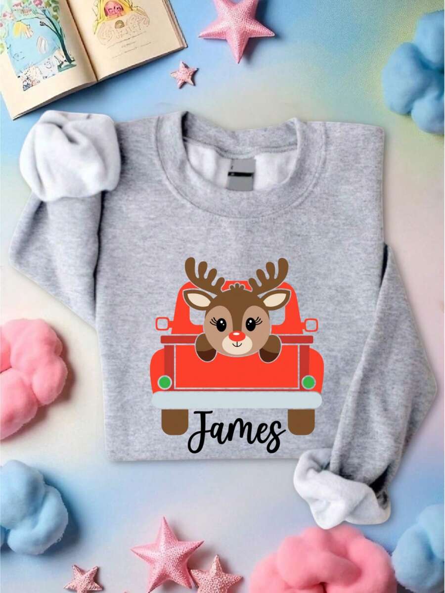 Reindeer In Christmas Truck Shirt, Personalized Name Boys Christmas T-Shirt, Custom Name Retro X-Mas Car Tee, Cousins Christmas Matching Group Toddler Tee, Winter Holiday Youth Sweatshirt. CU-155 - 灰色 - 查看 1