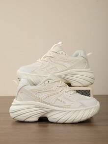 女士厚底厚底运动鞋，透气网眼增高休闲轻便运动鞋和百搭厚底乐福鞋 - 米色 - 查看 5