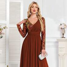 hezixi Sequin Splicing Chiffon A-Line Formal Evening Dress, V-Neck, Long Sleeve Elegant Prom Wedding Guest Gown, For Graduation, Dinner - Rust Brown - View 8